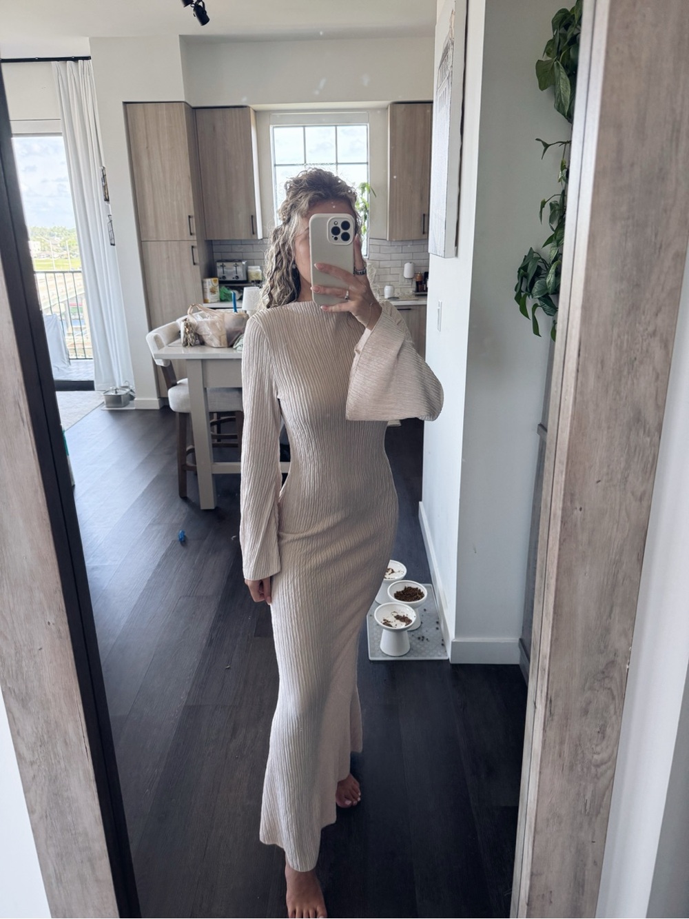 SHEIN Cream Ribbed Long-Sleeve Maxi Dress (Size Small)